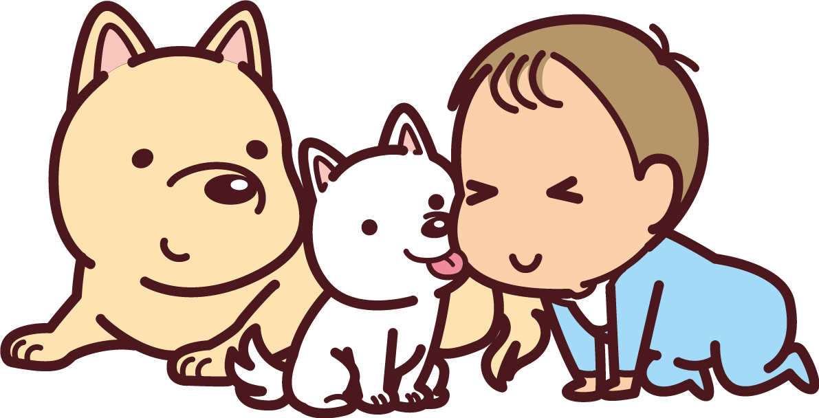 赤ちゃんと子犬が仲良くし親犬が見守る かわいい無料イラスト73513に写真・文字を入れる