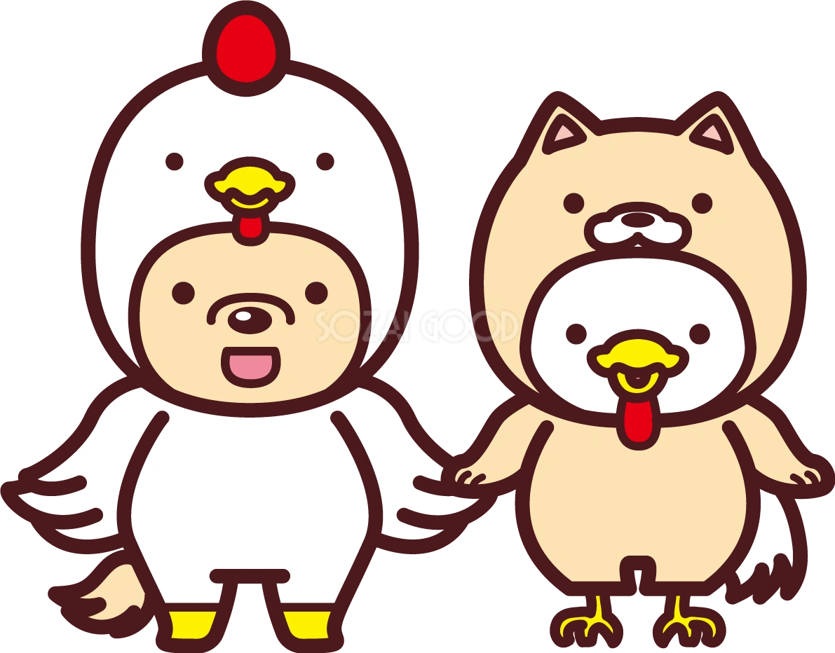 犬の着ぐるみを来た酉と酉の着ぐるみを来た犬が手を繋ぎ笑っている 2018干支(戌年)無料イラスト73586