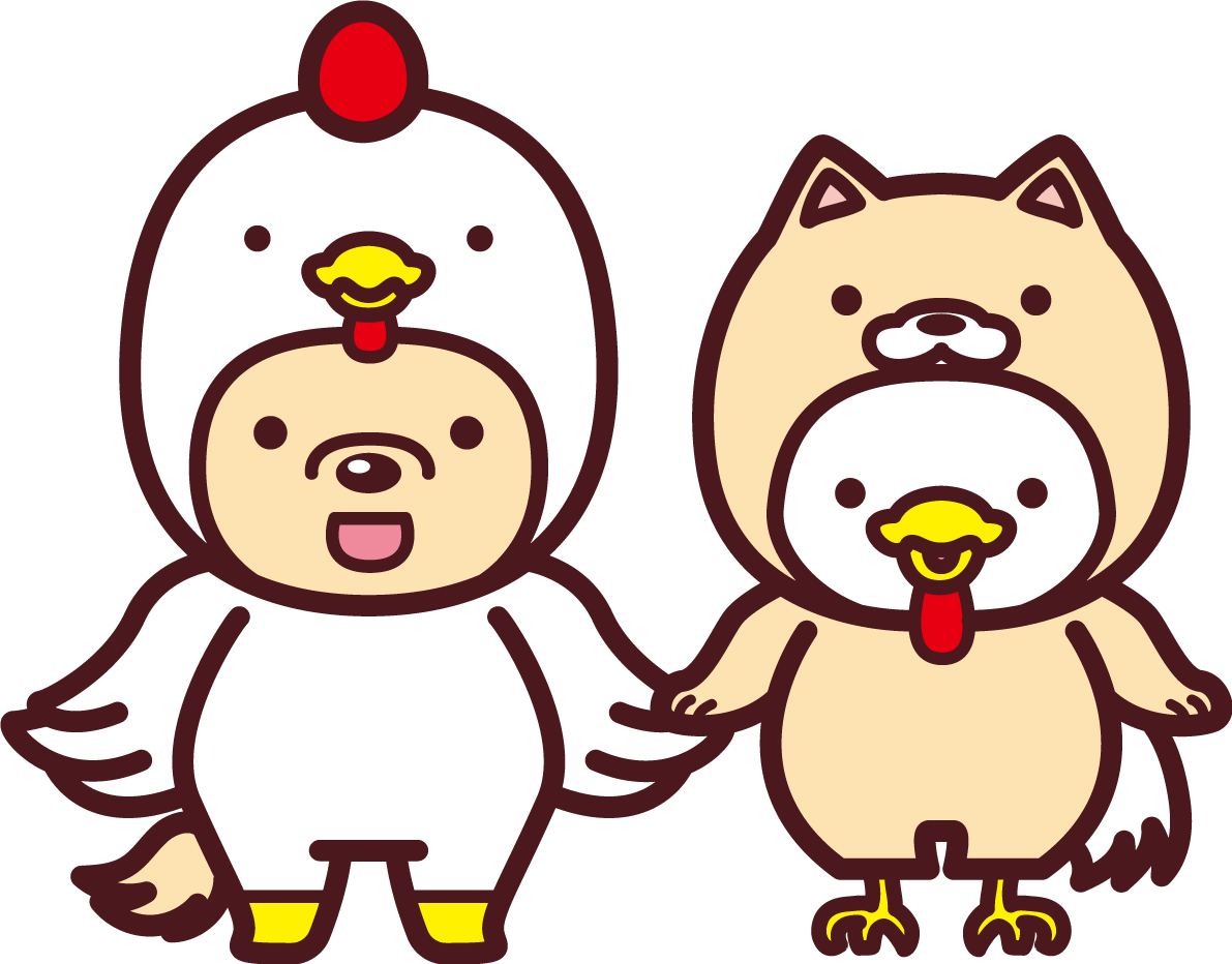 犬の着ぐるみを来た酉と酉の着ぐるみを来た犬が手を繋ぎ笑っている 2018干支(戌年)無料イラスト73586に写真・文字を入れる