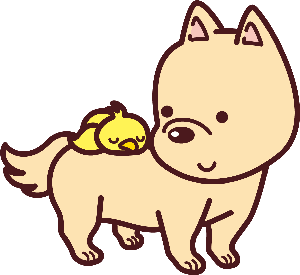 犬の背にひよこが眠っている 2018干支(戌年)無料イラスト73590に写真・文字を入れる
