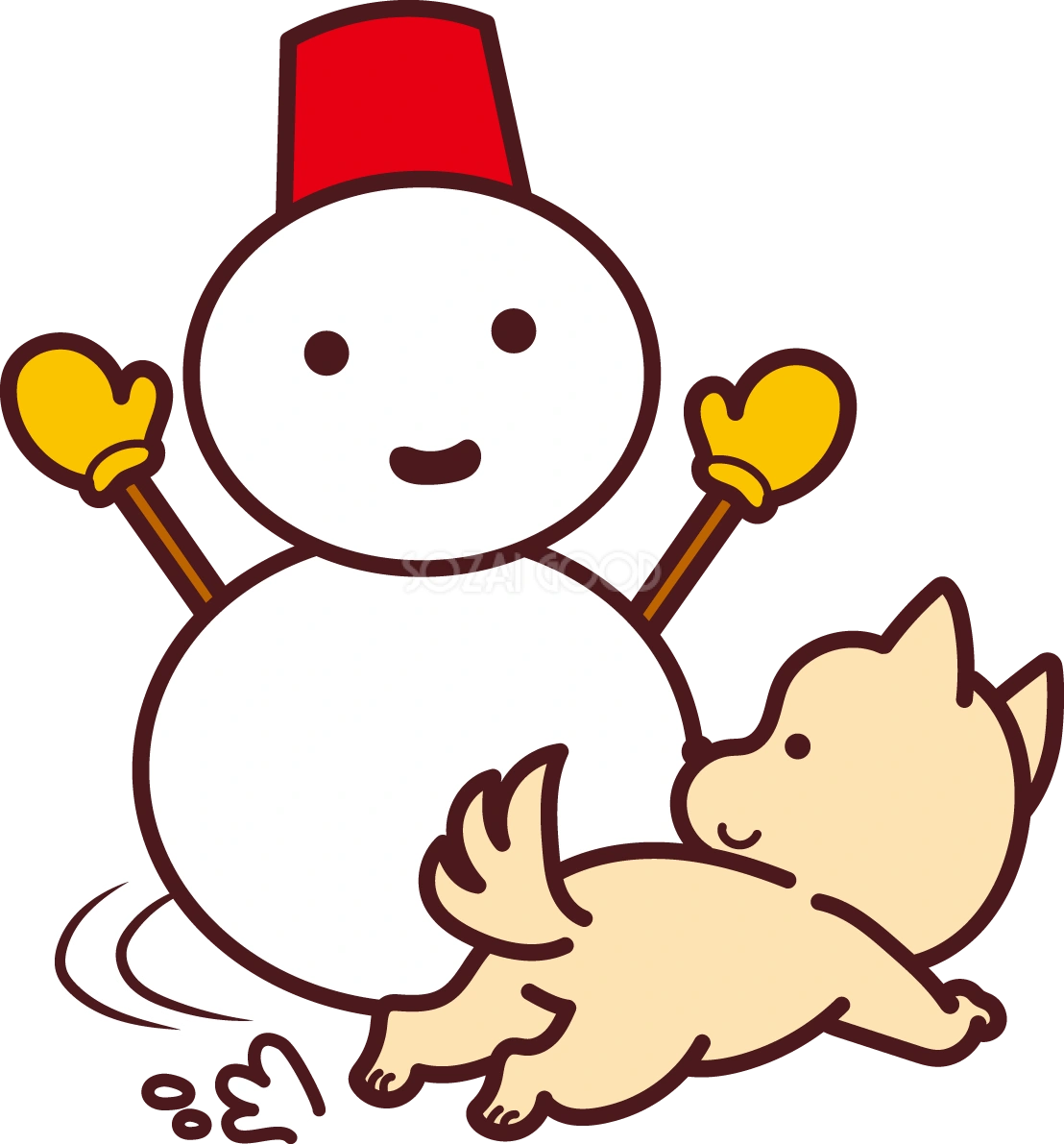 犬が雪だるまの周りを走り回っている 2018干支(戌年)無料イラスト73607