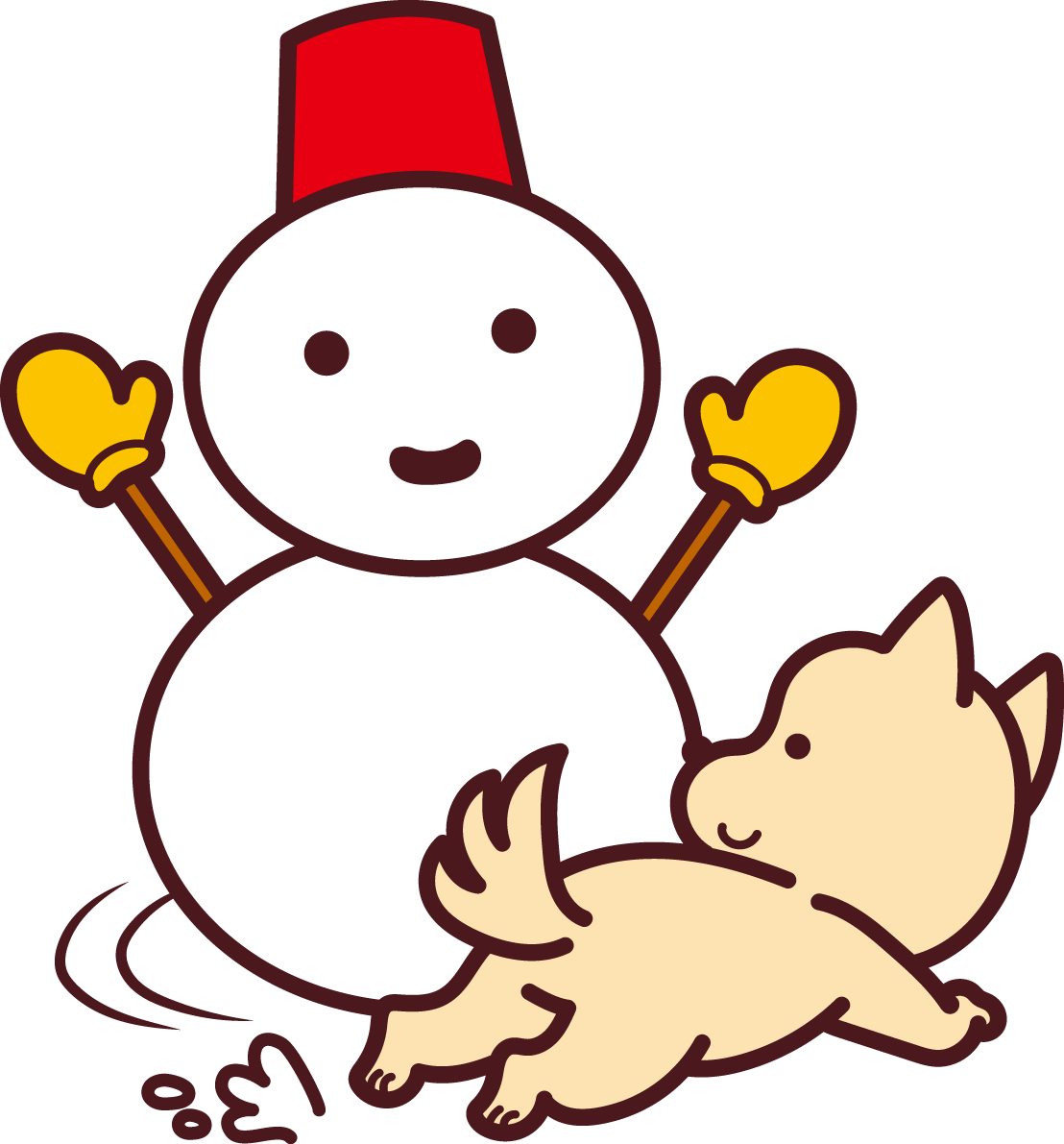 犬が雪だるまの周りを走り回っている 2018干支(戌年)無料イラスト73607に写真・文字を入れる
