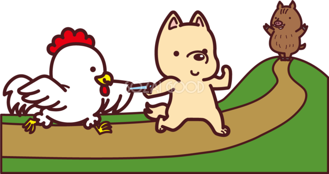 鳥から犬がバトンをもらっていて少し遠くにイノシシ 2018干支 戌年 無料イラスト73615 素材good