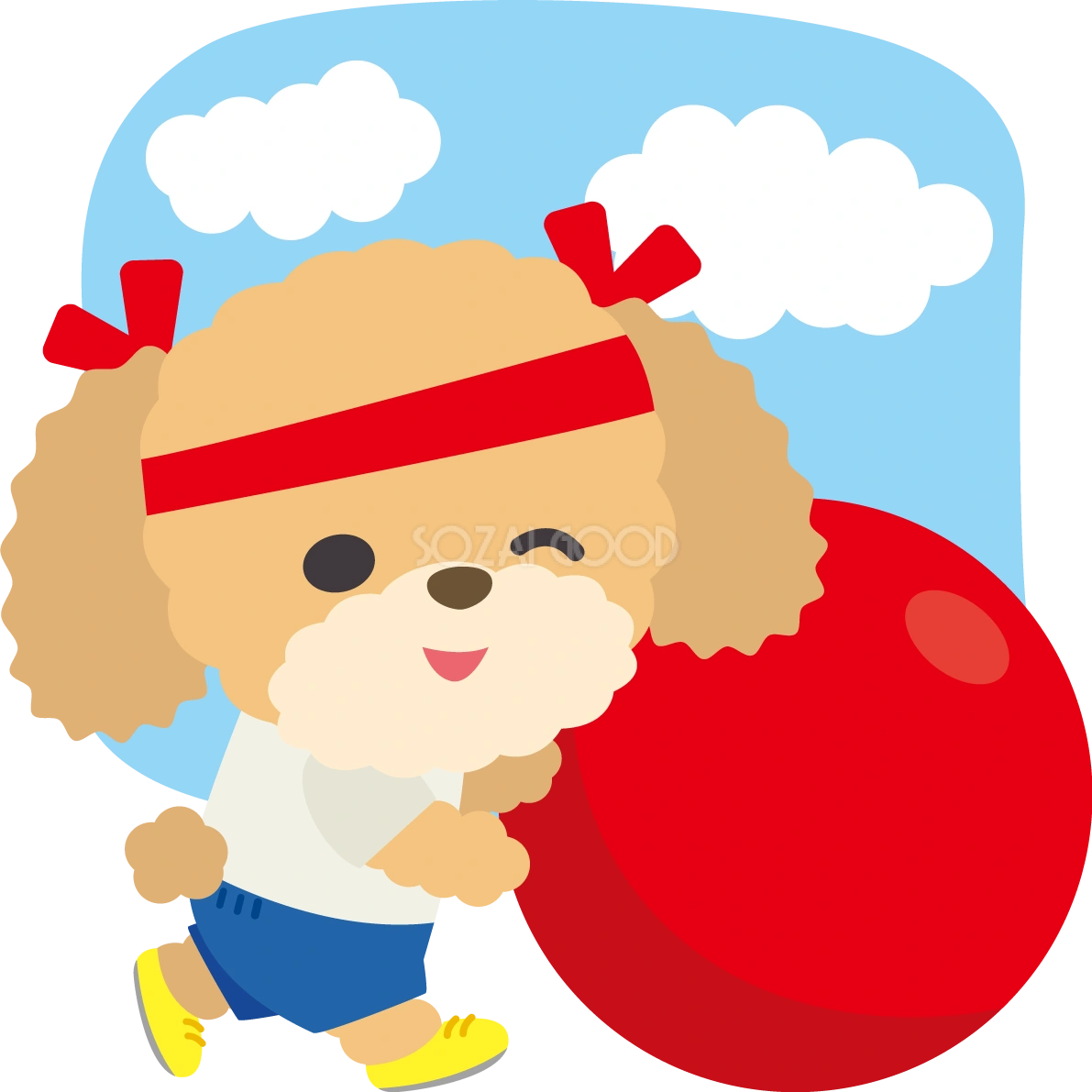 トイプードル(犬)のかわいい運動会(赤組大玉転がし)動物無料イラスト73947