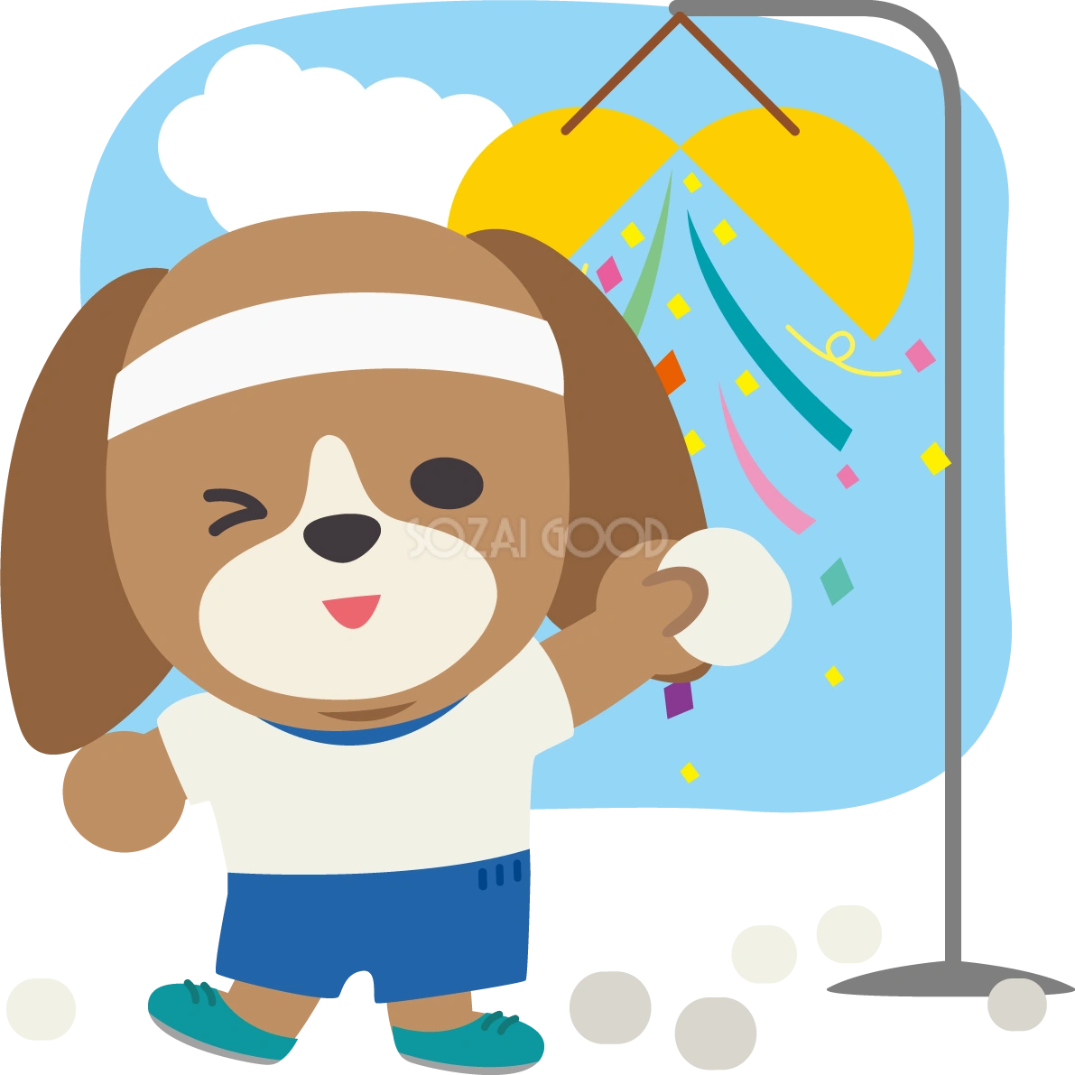 ビーグル(犬)のかわいい運動会(くす玉割り)動物無料イラスト73963