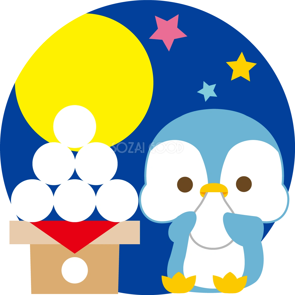 ペンギンの十五夜(大きい団子を食べる)動物無料イラスト74874