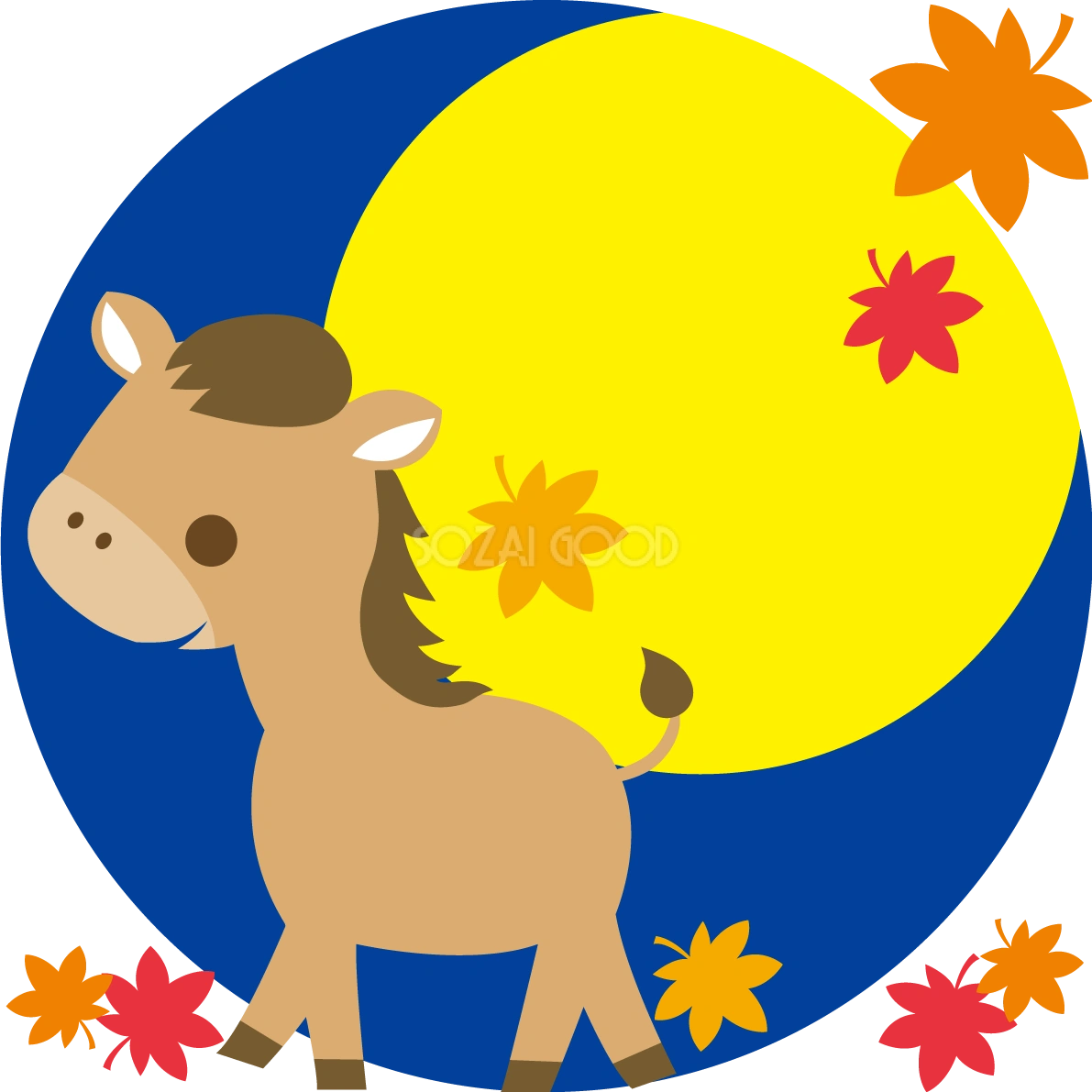 馬の十五夜(紅葉の中で月夜を歩く)動物無料イラスト74910
