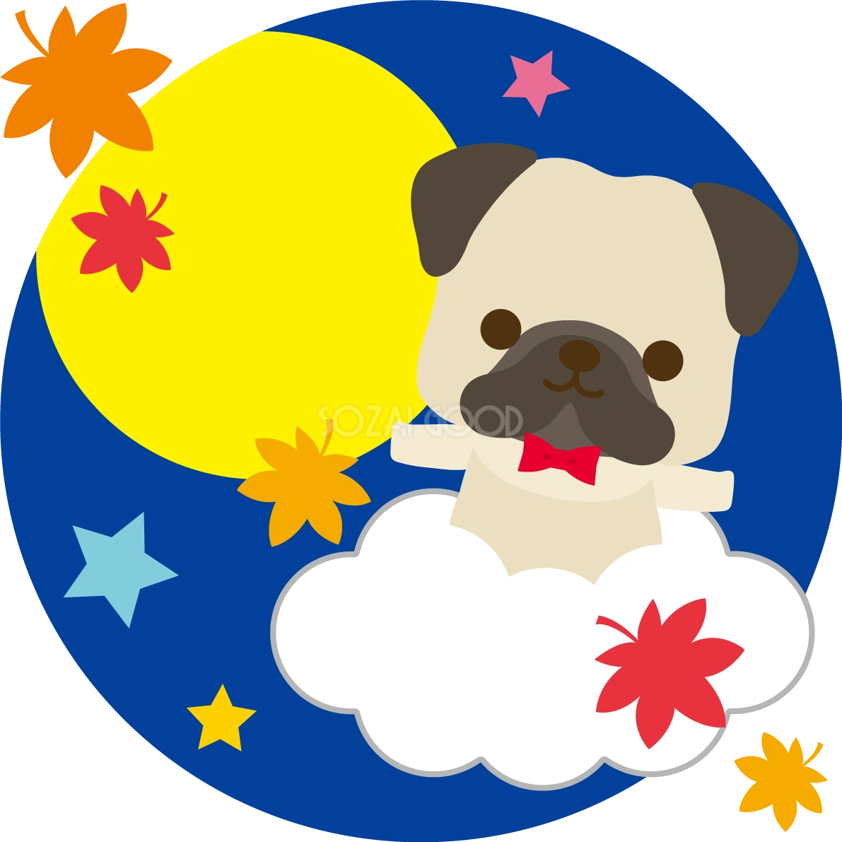 パグ(犬)の十五夜(紅葉の中で月を見る)動物無料イラスト75172