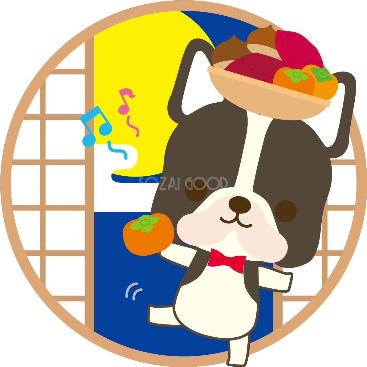 フレンチ・ブルドッグ(犬)の十五夜(踊る)動物無料イラスト75188
