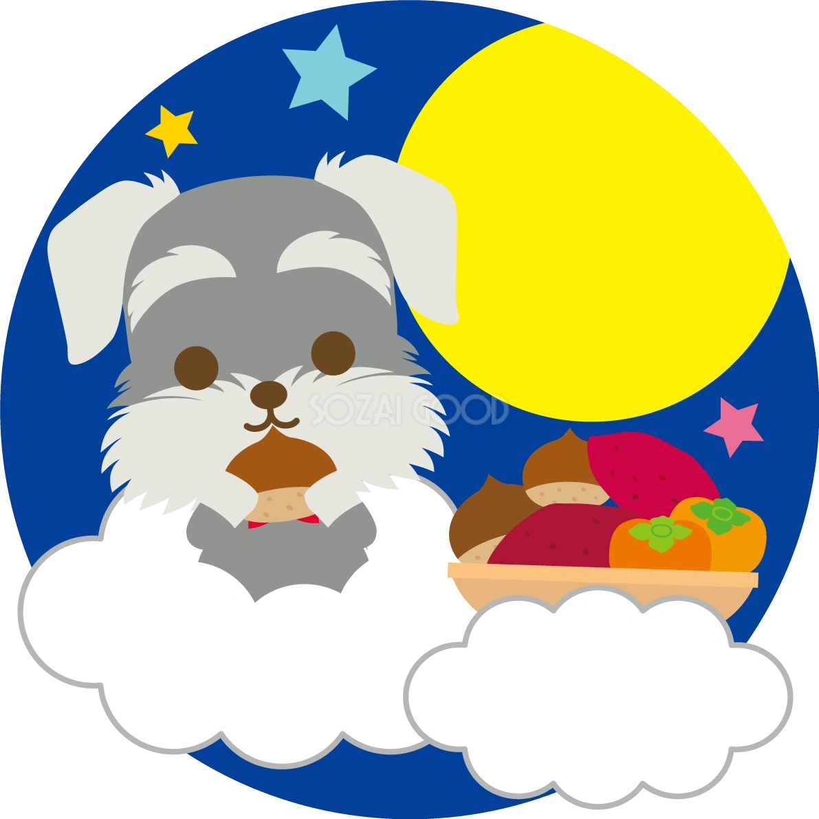 ミニチュア・シュナウザー(犬)の十五夜(くだもの)動物無料イラスト75204