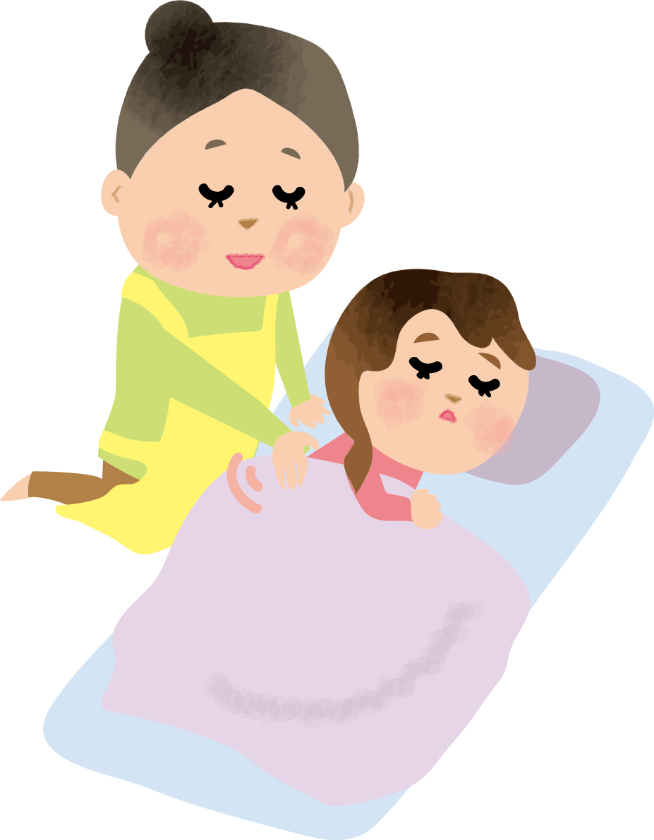 こどもがお昼寝をし保育士が背中をとんとんする保育園無料イラスト75232に写真・文字を入れる