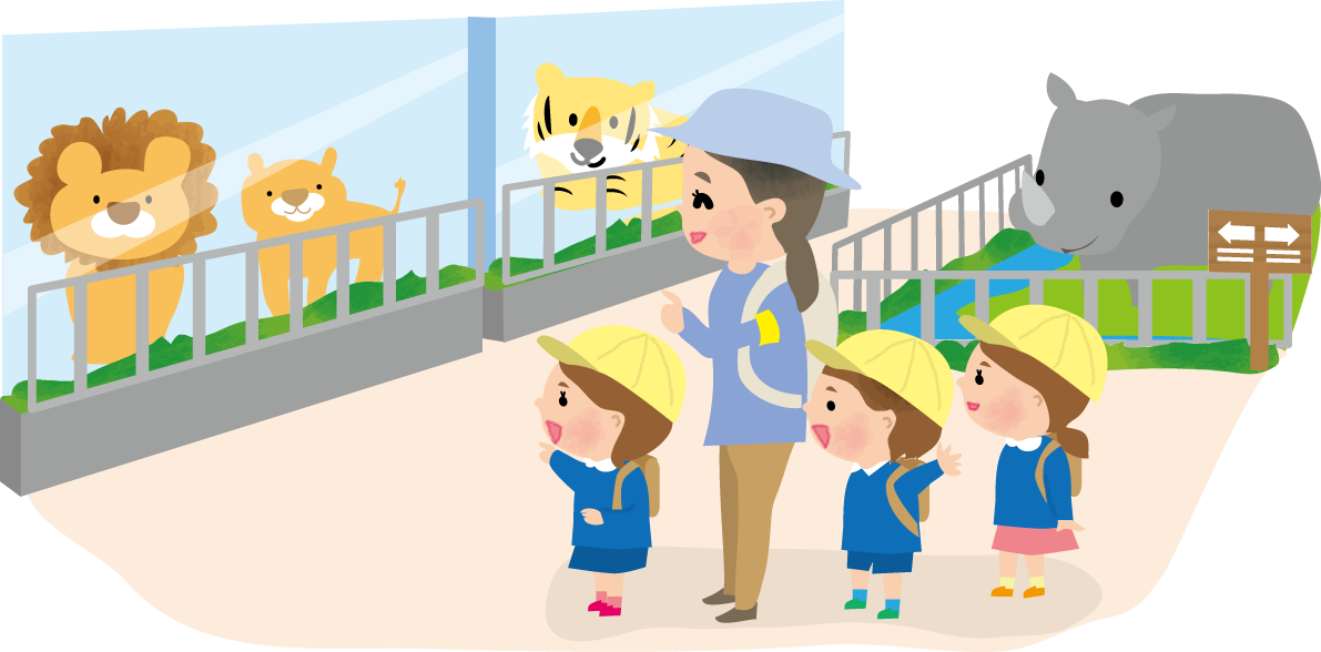 園児と先生が動物園で動物を見学する保育園無料イラスト75240に写真・文字を入れる