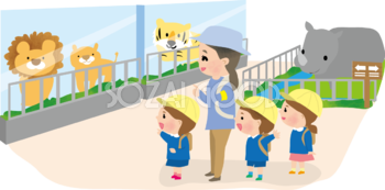 園児と先生が動物園で動物を見学する保育園無料イラスト75240
