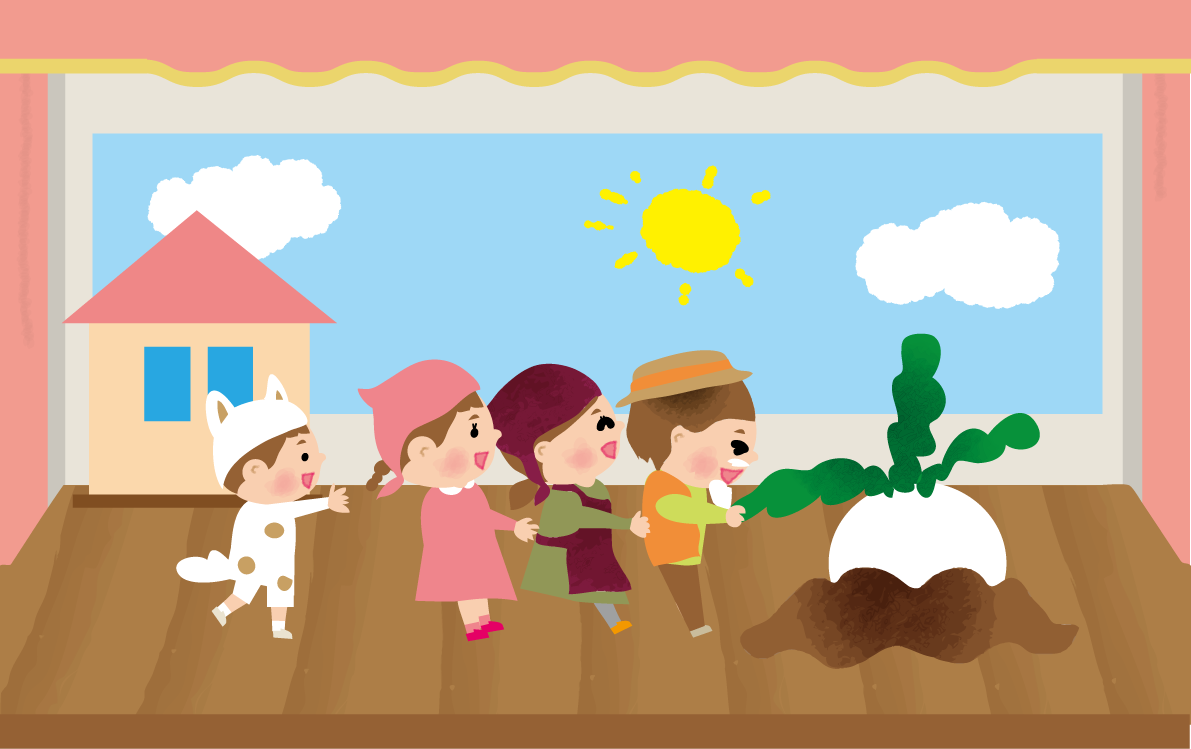 子どもたちが衣装を着けて舞台で劇を演じる保育園無料イラスト75252に写真・文字を入れる