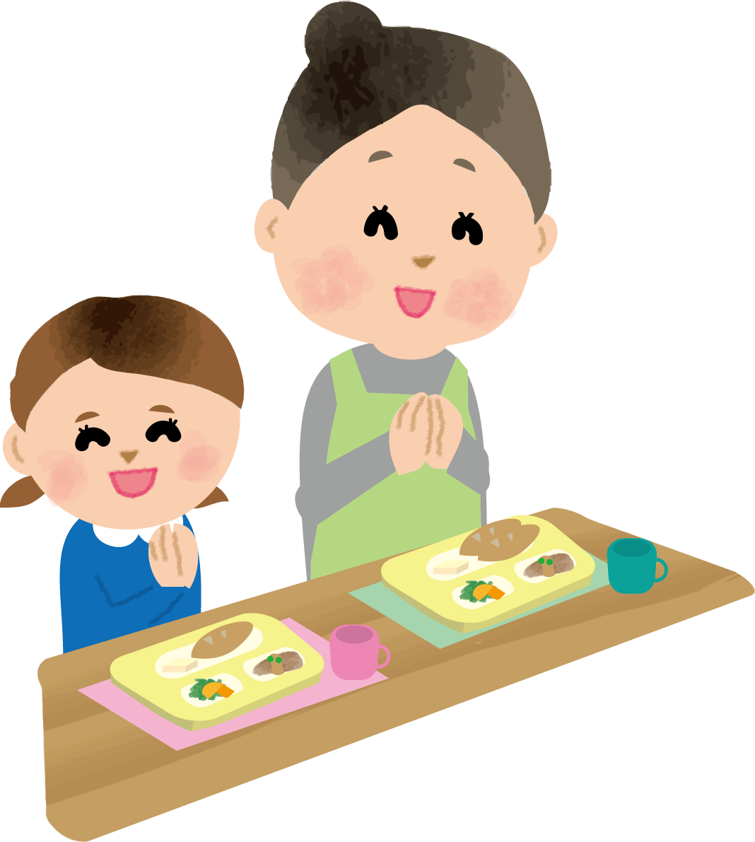 子供達と保育士が「いただきます」保育園無料イラスト75264に写真・文字を入れる