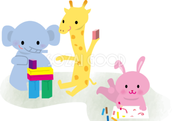 色んな動物の子供達が室内でお絵かきや積み木遊びをする保育園無料イラスト75268