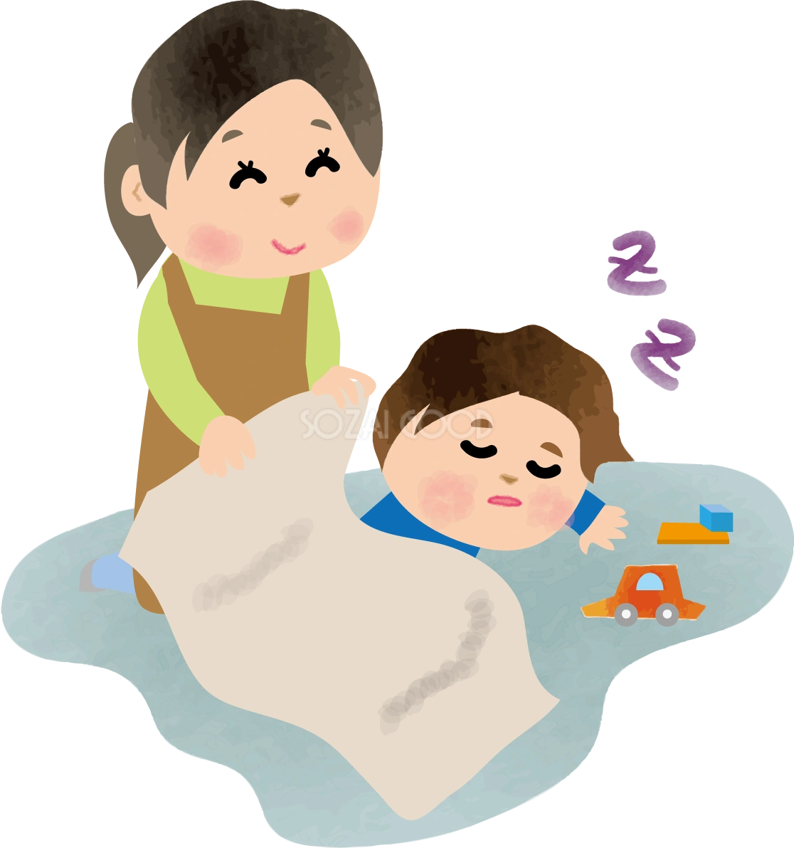 寝ている児童にブランケットをかける保育士保育園無料イラスト75272