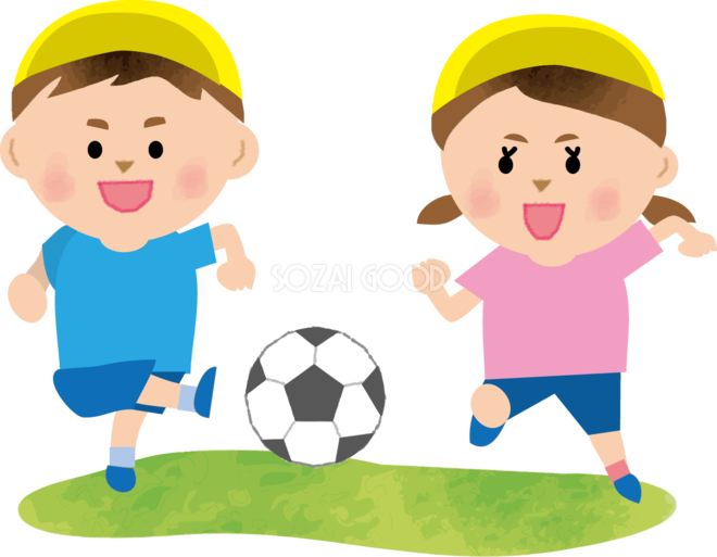 かわいい男児女児一緒にサッカーをしている保育園無料イラスト 素材good