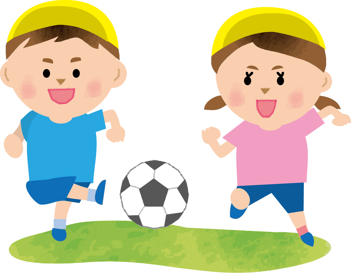かわいい男児女児一緒にサッカーをしている保育園無料イラスト75308に写真・文字を入れる