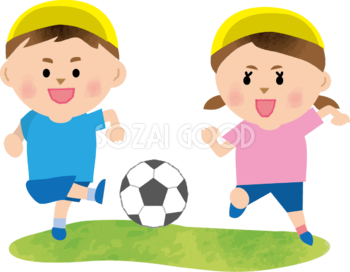 かわいい男児女児一緒にサッカーをしている保育園無料イラスト75308