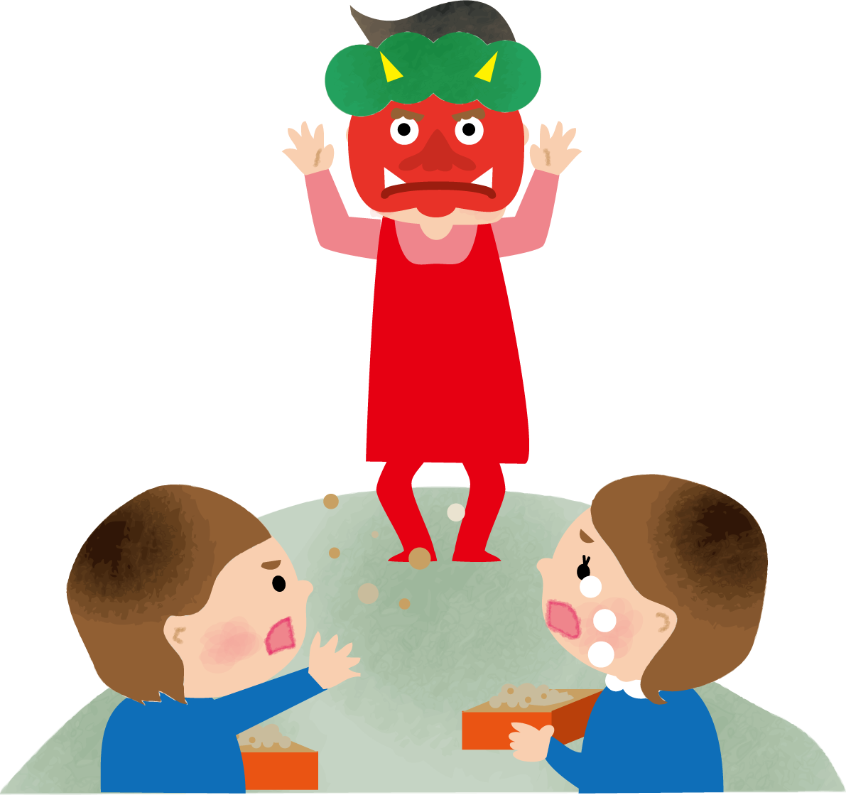 豆まきで鬼がきて泣いている子どもの保育園無料イラスト75312に写真・文字を入れる