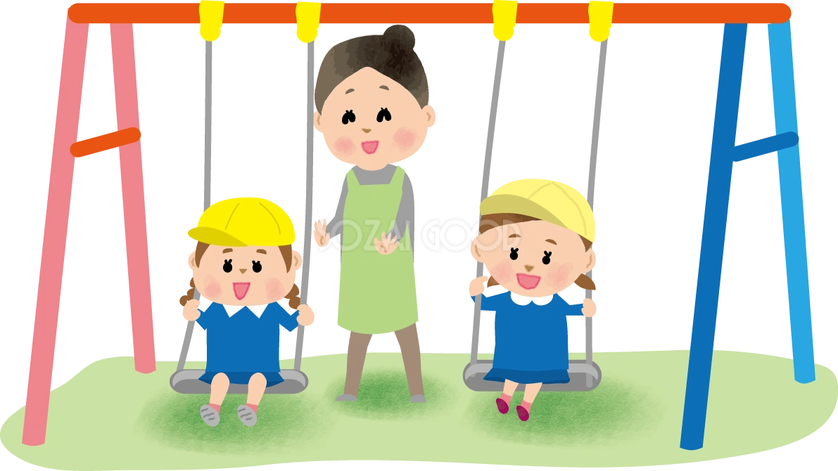 保育園の園庭で外遊び(ぶらんこ)をする子供と保育士の保育園無料イラスト75324