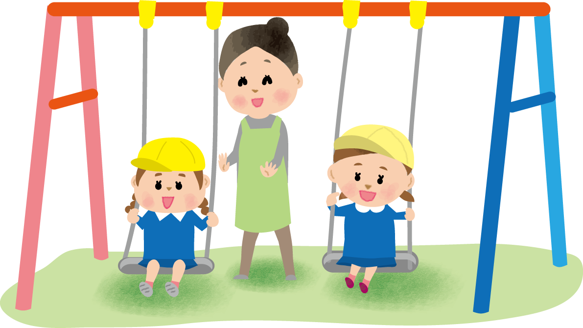 保育園の園庭で外遊び(ぶらんこ)をする子供と保育士の保育園無料イラスト75324に写真・文字を入れる
