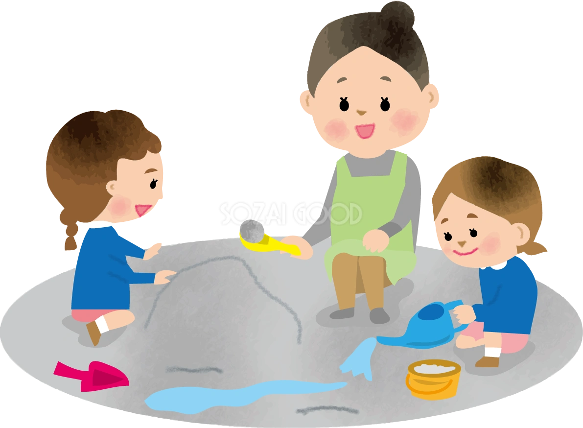 保育園の園庭で外遊び(砂場)をする子供と保育士の保育園無料イラスト75328