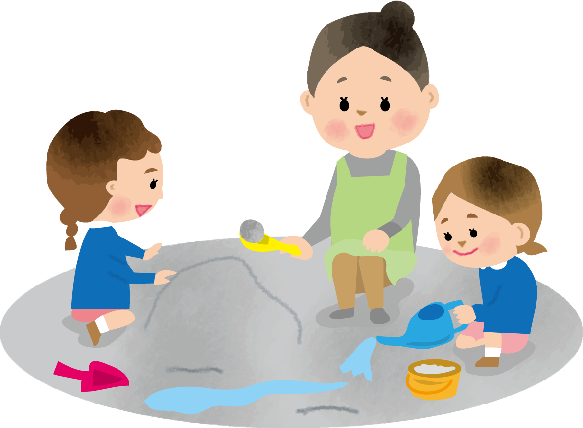 保育園の園庭で外遊び(砂場)をする子供と保育士の保育園無料イラスト75328に写真・文字を入れる