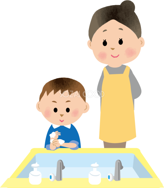 保育士さんに見守られて手洗いをしている子供の保育園無料イラスト