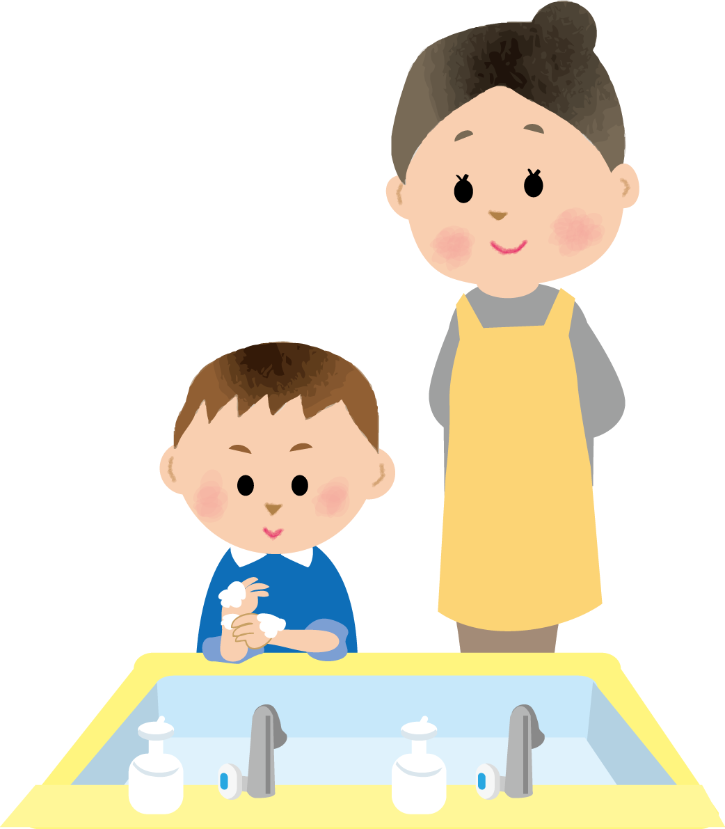 保育士さんに見守られて手洗いをしている子供の保育園無料イラスト75344に写真・文字を入れる