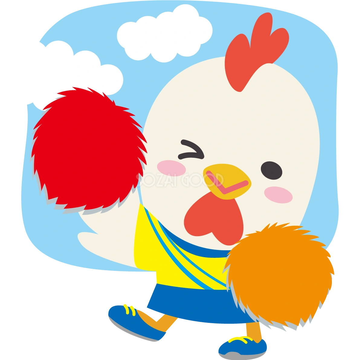 鶏のかわいい運動会(赤組チア)動物無料イラスト75506
