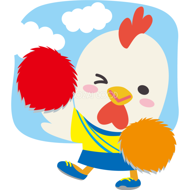 鶏のかわいい運動会 赤組チア 動物無料イラスト 素材good