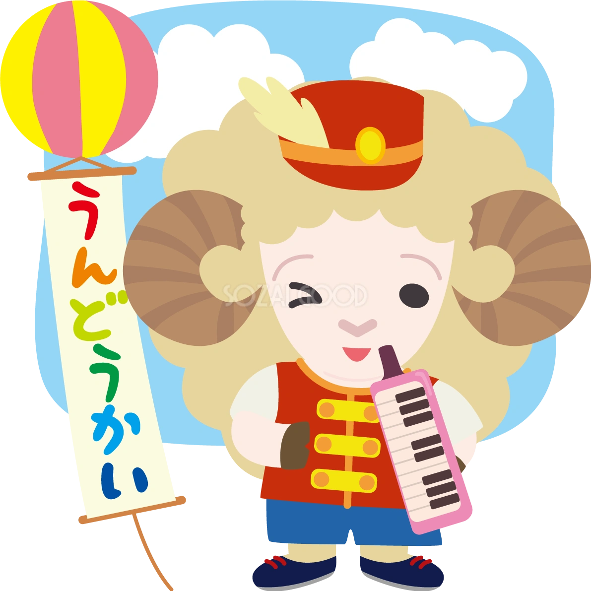 羊のかわいい運動会(運動会鼓笛隊)動物無料イラスト75526