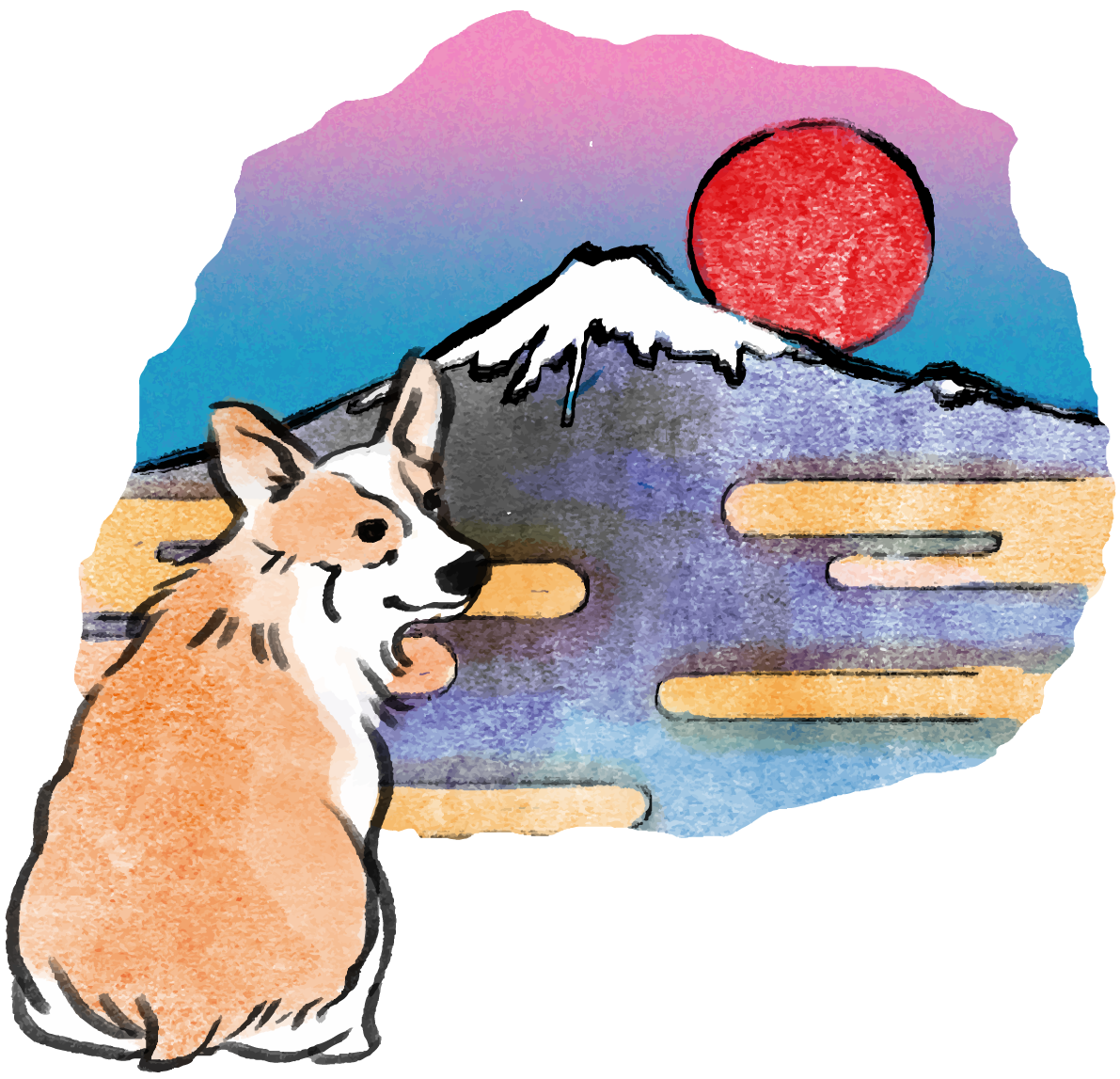戌年 コーギー和風(富士山)2018干支無料イラスト 後ろ姿お座り75558に写真・文字を入れる