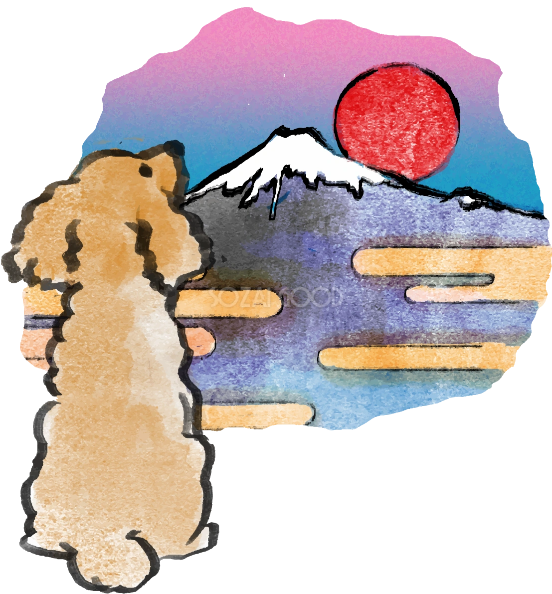 戌年 トイプードル和風(富士山)2018干支無料イラスト 後ろ姿お座り75606