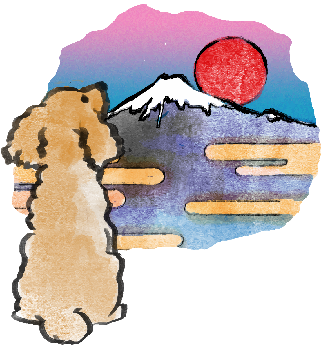 戌年 トイプードル和風(富士山)2018干支無料イラスト 後ろ姿お座り75606に写真・文字を入れる