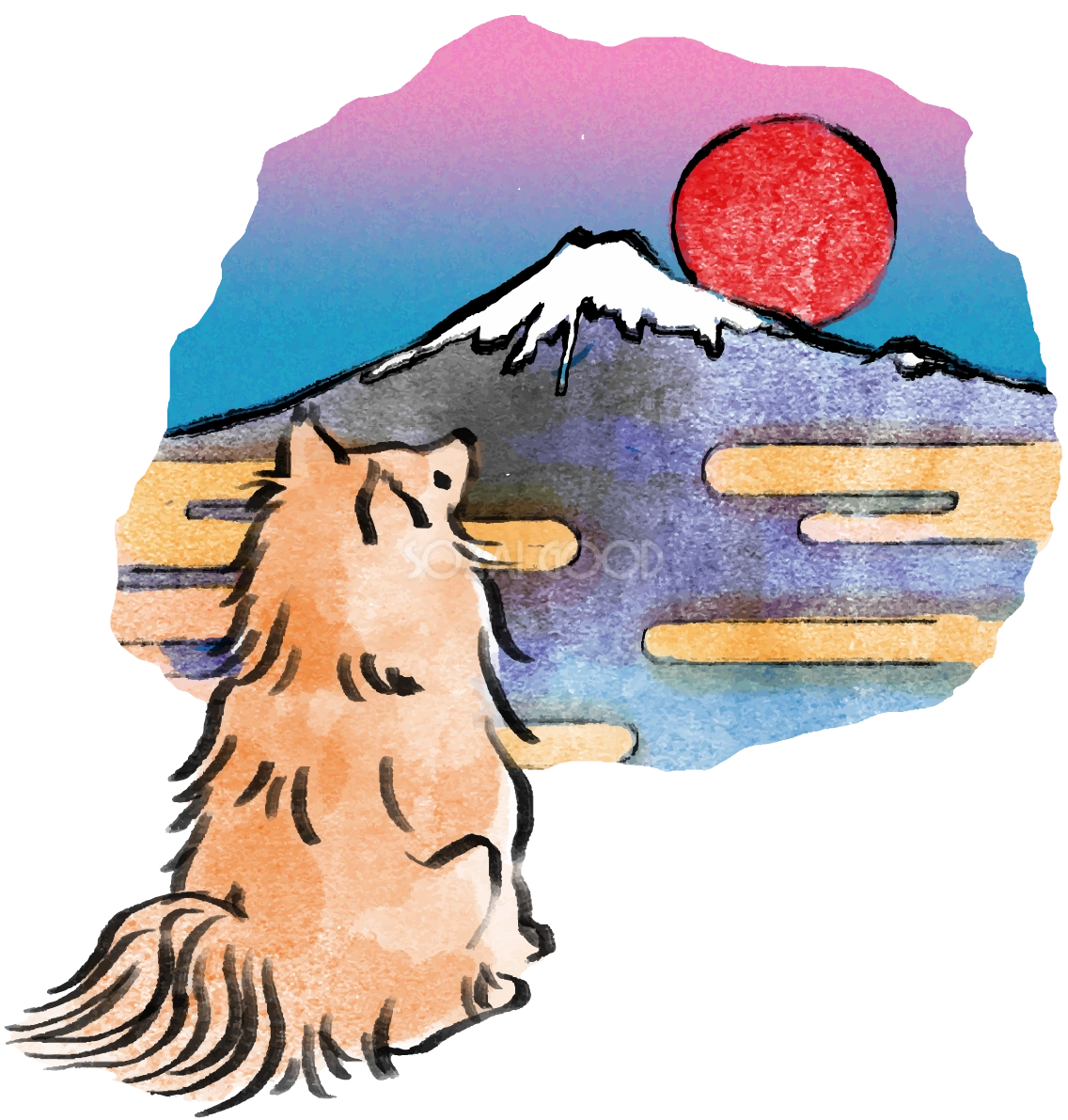 戌年 ポメラニアン和風(富士山)2018干支無料イラスト 正面お座り75678