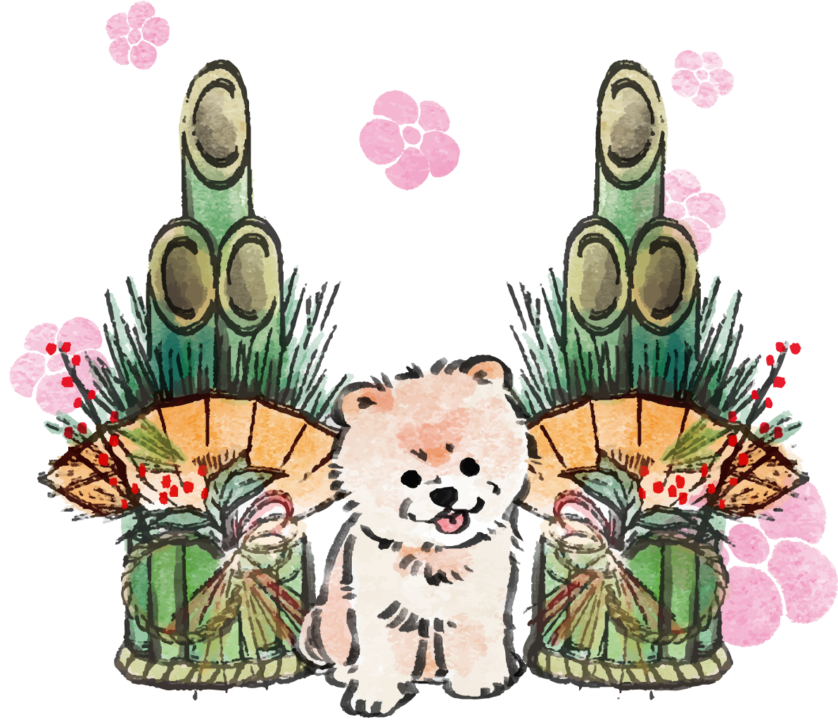 戌年 ポメラニアン和風(門松)2018干支無料イラスト 正面お座り75682に写真・文字を入れる
