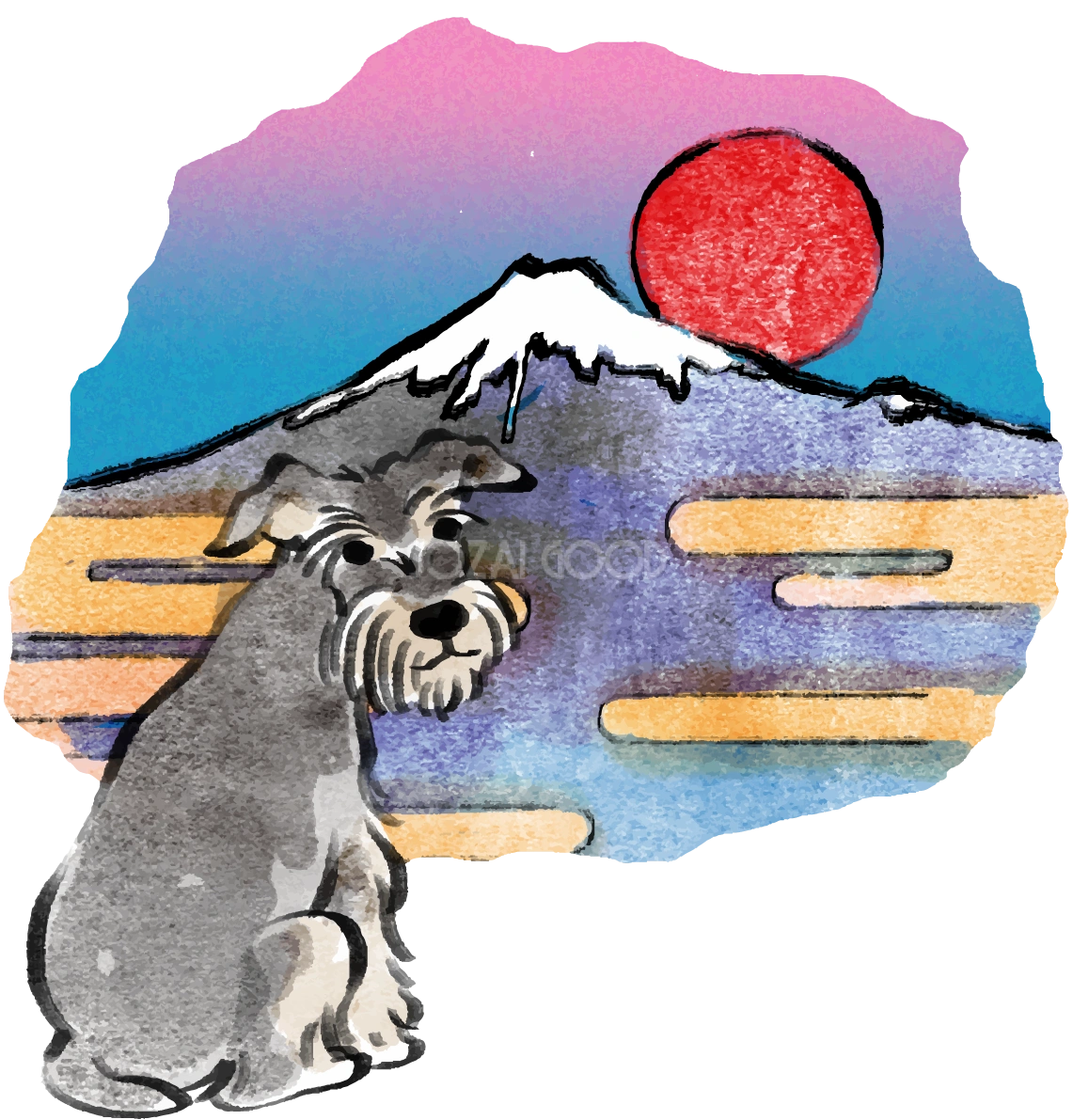 戌年 ミニチュア・シュナウザー和風(富士山)2018干支無料イラスト 後ろ姿お座り75702