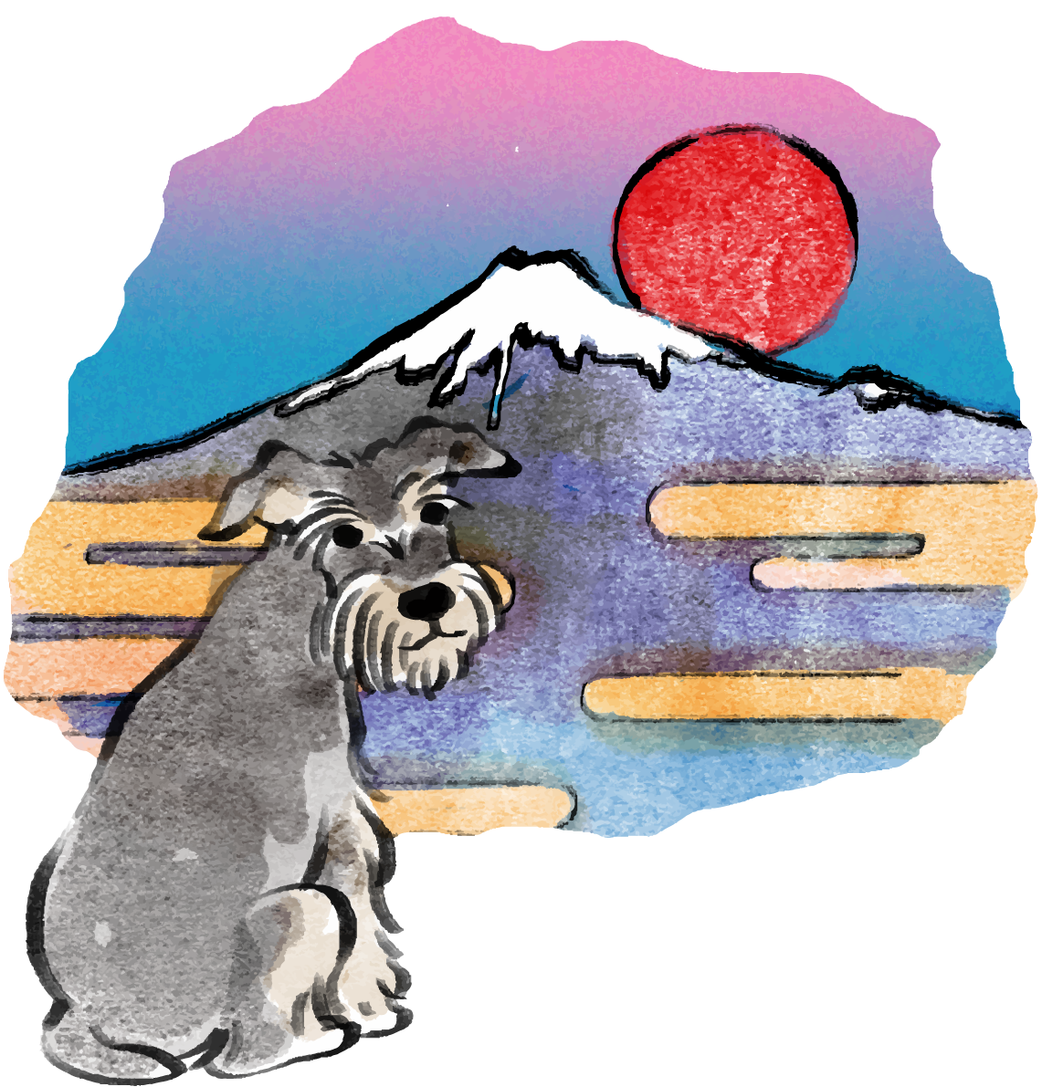 戌年 ミニチュア・シュナウザー和風(富士山)2018干支無料イラスト 後ろ姿お座り75702に写真・文字を入れる
