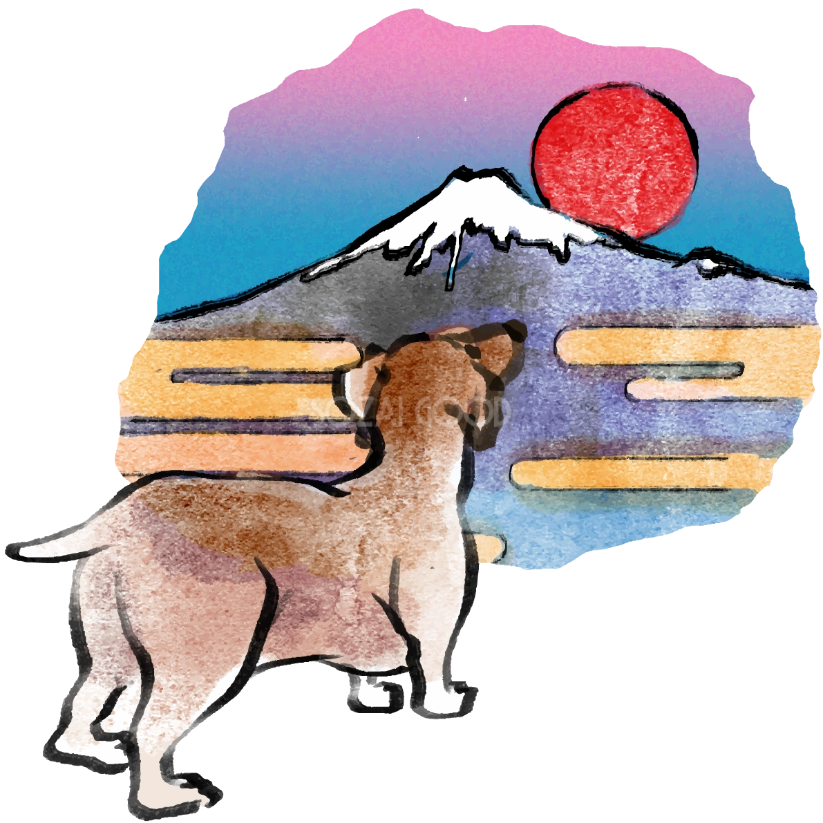 戌年 ミニチュア・ダックスフンド和風(富士山)2018干支無料イラスト 後ろ姿75714