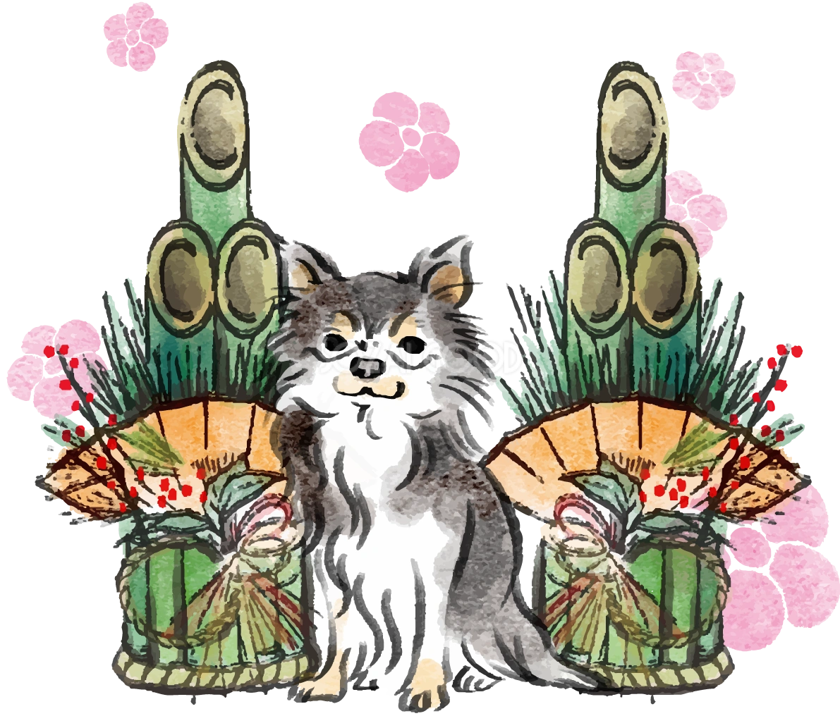 戌年チワワ和風(門松)2018干支無料イラスト 正面お座り75771