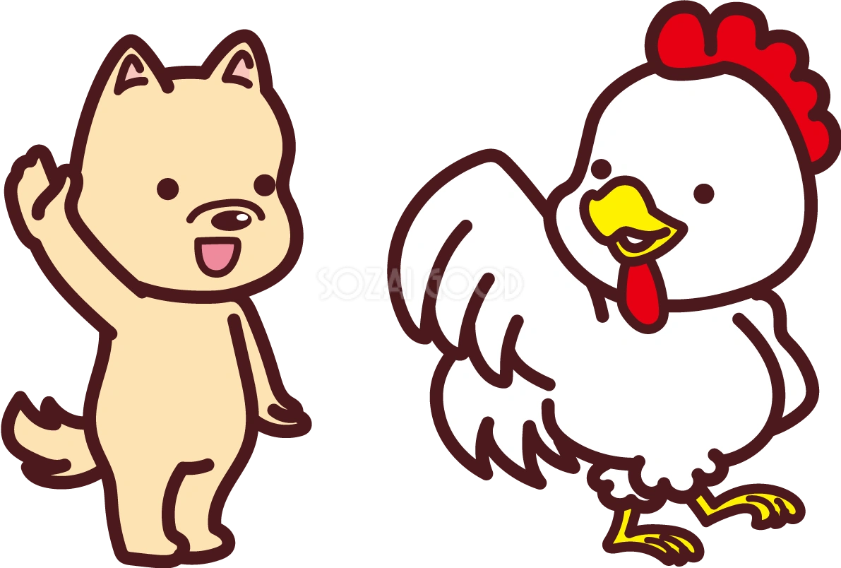 酉にバイバイと手を振る戌の2018干支のかわいい無料イラスト76051