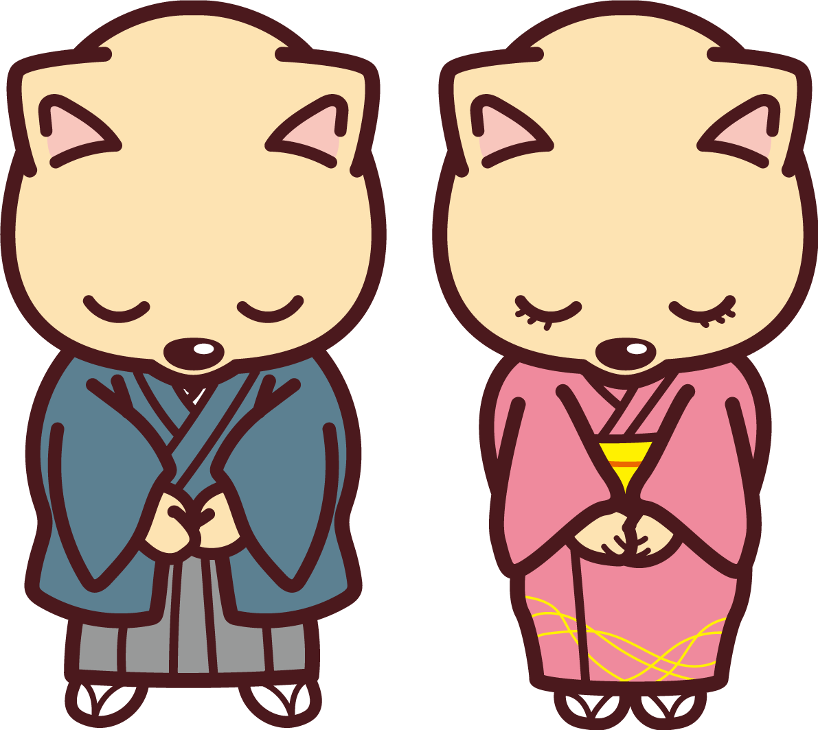 戌の無料イラスト かわいい着物を着た戌夫婦がお辞儀する2018干支76151に写真・文字を入れる