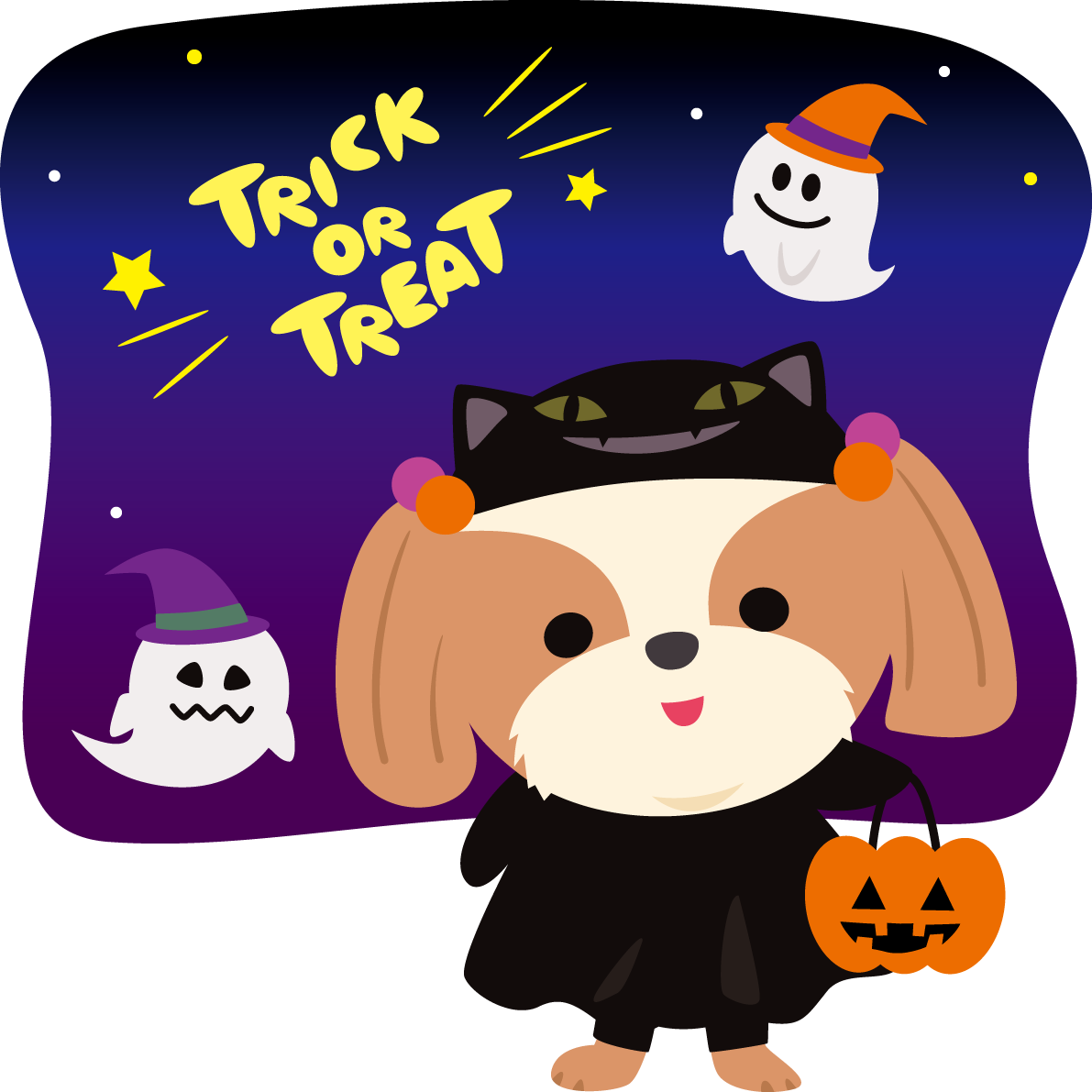 ハロウィン(お化けと黒猫)シーズー(犬)のかわいい動物無料イラスト80103に写真・文字を入れる
