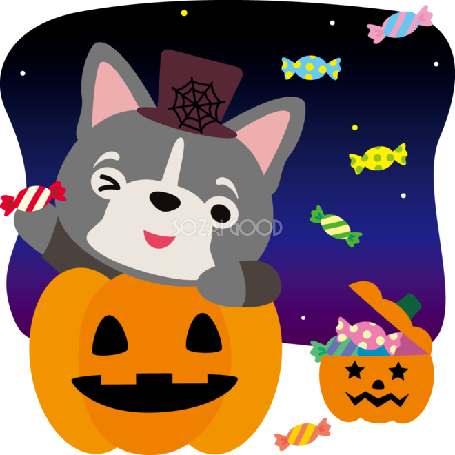 ハロウィン かぼちゃとキャンディ フレンチ ブルドッグ 犬 のかわいい動物無料イラスト80108 素材good