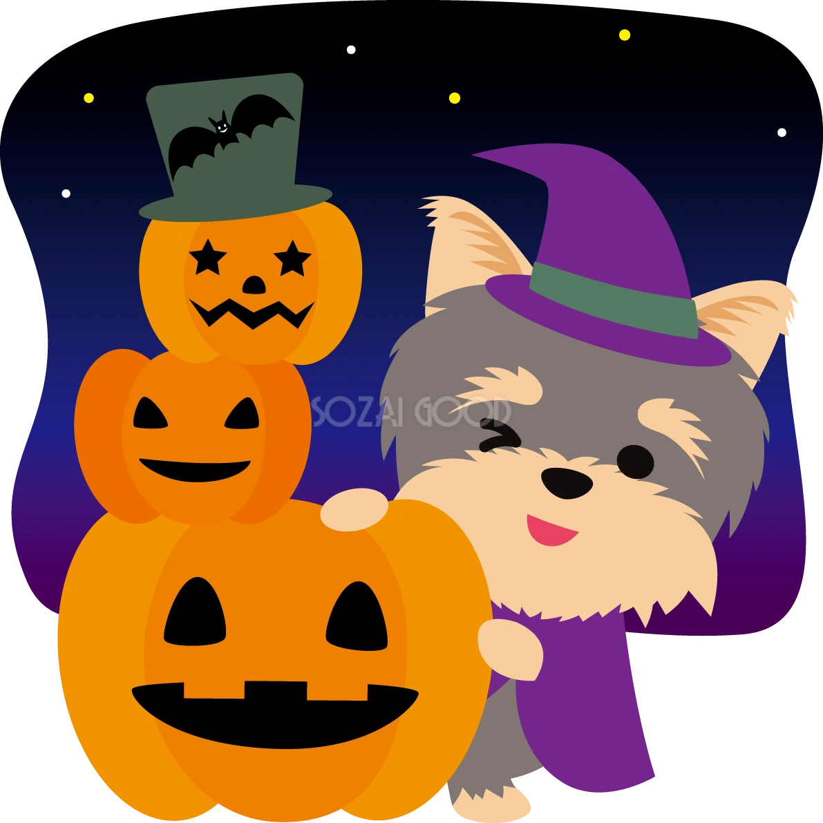 ハロウィン(かぼちゃにかくれんぼ)ヨークシャーテリア(犬)のかわいい動物無料イラスト80109