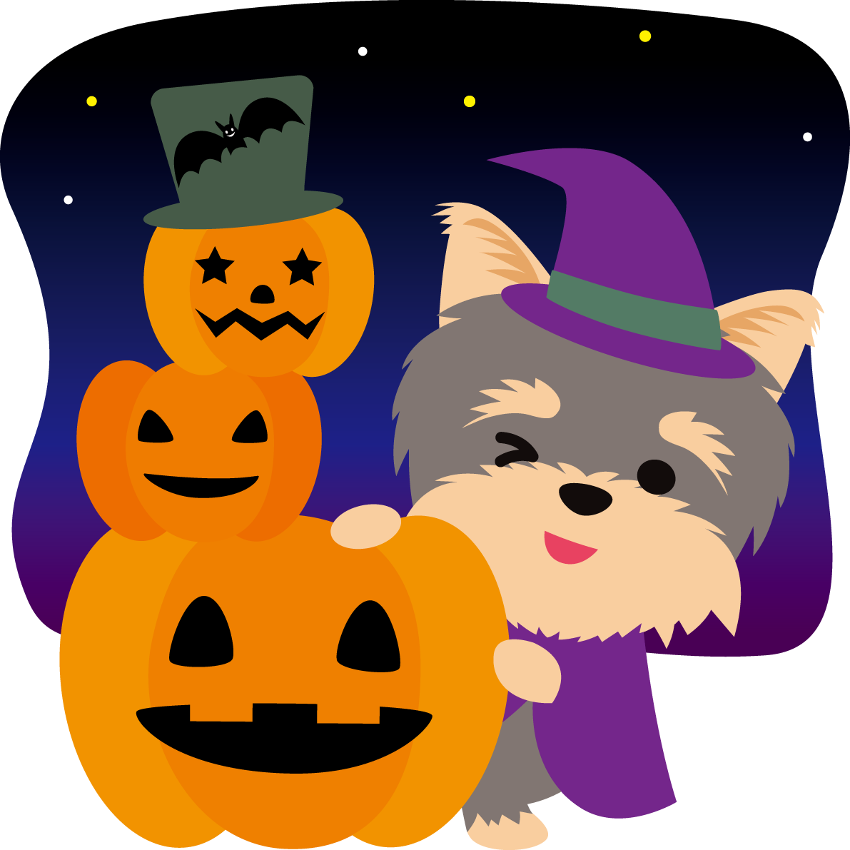 ハロウィン(かぼちゃにかくれんぼ)ヨークシャーテリア(犬)のかわいい動物無料イラスト80109に写真・文字を入れる