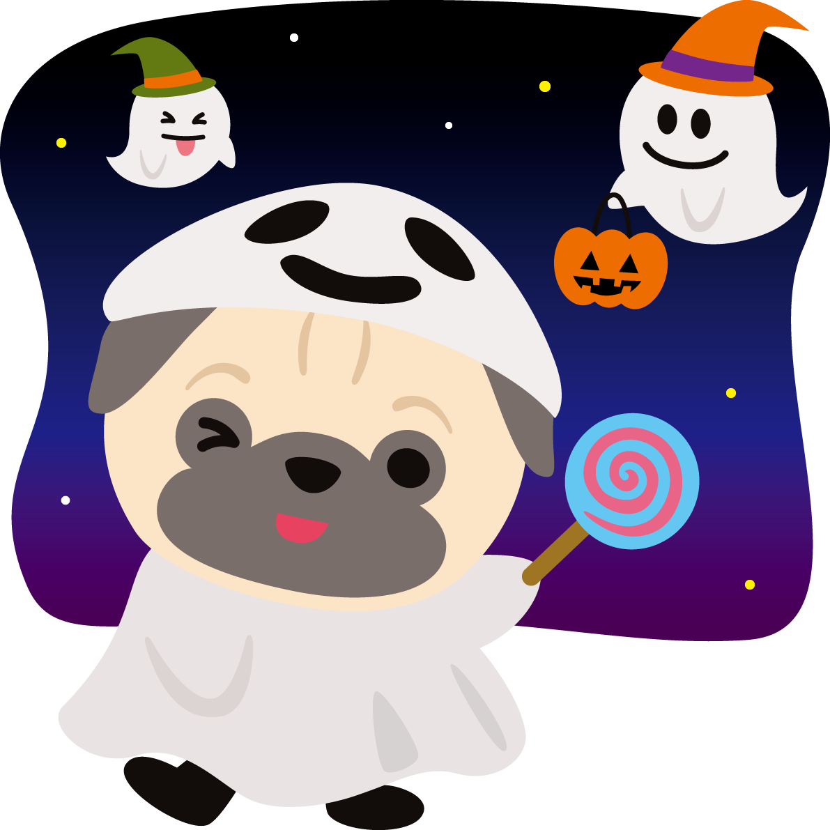 ハロウィン(かわいいお化けたち)パグ(犬)のかわいい動物無料イラスト80111に写真・文字を入れる